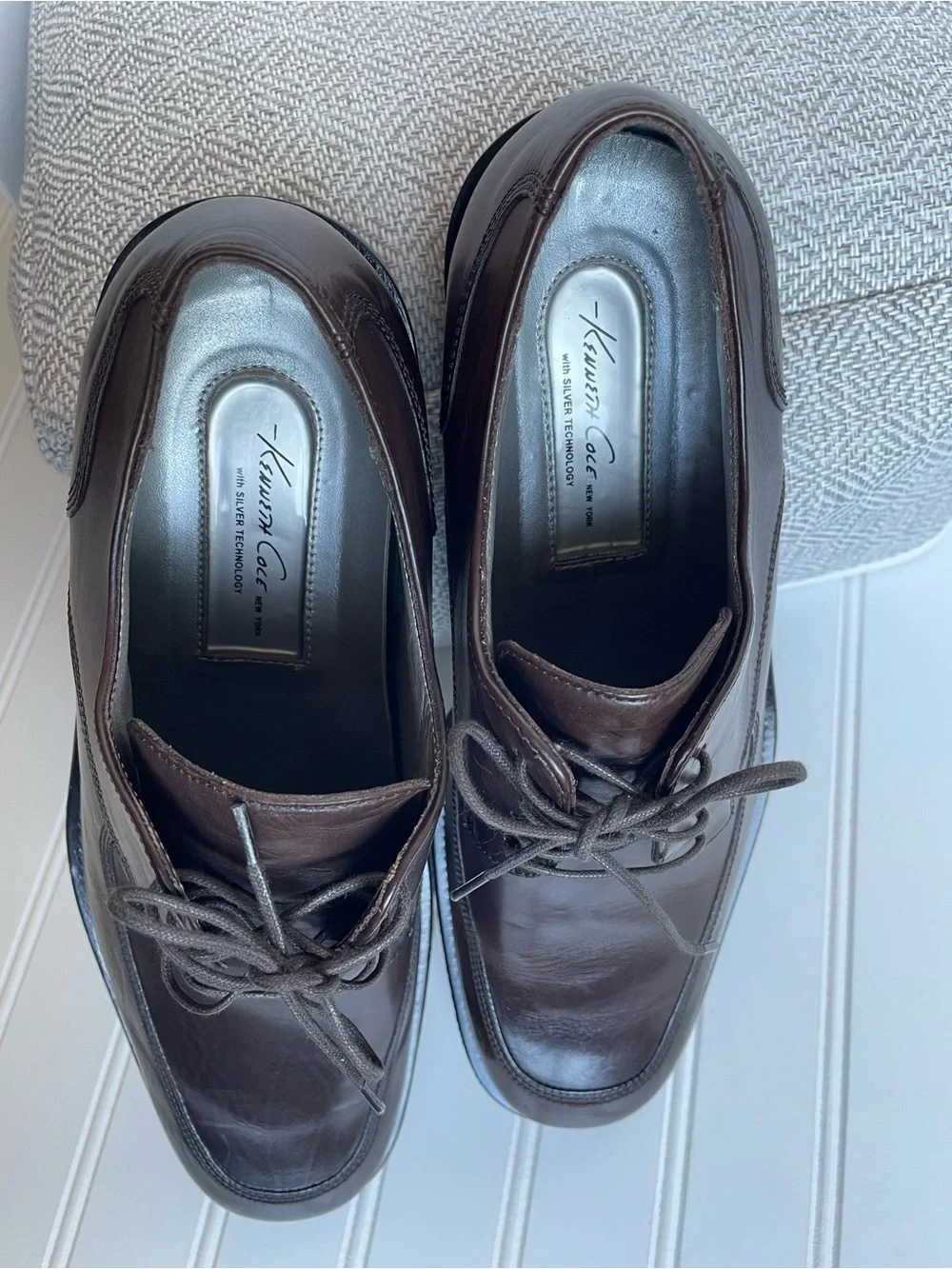 Kenneth Cole New York Brown Leather Dress Shoe Derby Silver Tech Square Toe Sz10